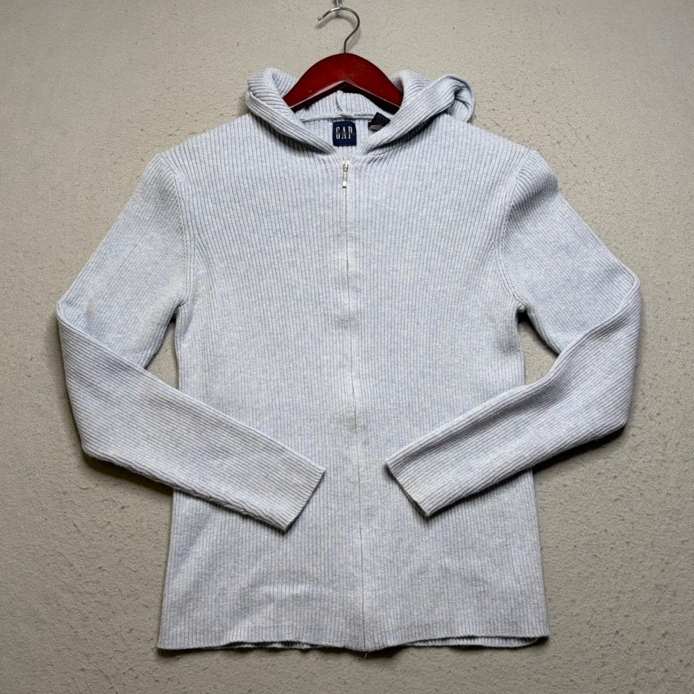 Gap Hooded Sweater Womens Medium M Blue Full Zip Ribbed Knit Cotton Y2K Fitted